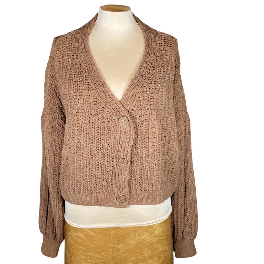 Love Ellie Audrey Chenille Knit‎ Sweater with Puff Sleeves and Large Buttons - Picture 2 of 9